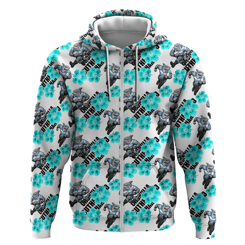 Cronulla-Sutherland Sharks Zip Hoodie Tropical Hibiscus Floral Seamless Rugby Mascot