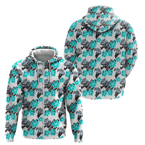Cronulla-Sutherland Sharks Zip Hoodie Tropical Hibiscus Floral Seamless Rugby Mascot