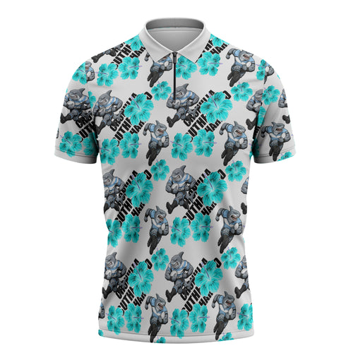 Cronulla-Sutherland Sharks Zipper Polo Shirt Tropical Hibiscus Floral Seamless Rugby Mascot