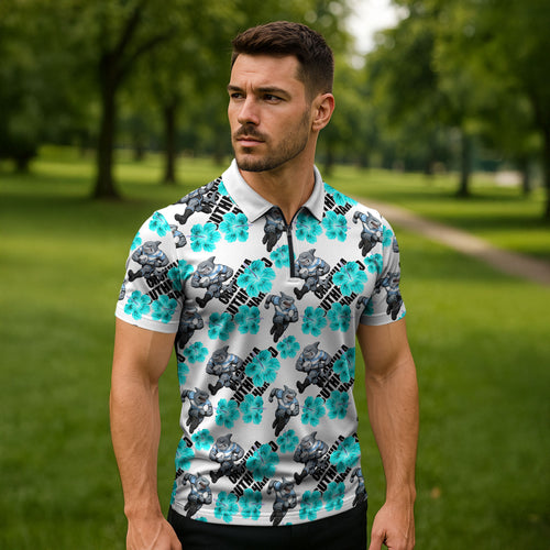Cronulla-Sutherland Sharks Zipper Polo Shirt Tropical Hibiscus Floral Seamless Rugby Mascot