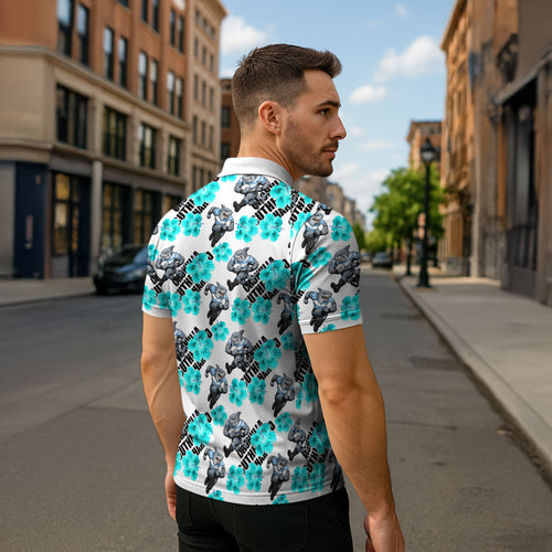 Cronulla-Sutherland Sharks Zipper Polo Shirt Tropical Hibiscus Floral Seamless Rugby Mascot