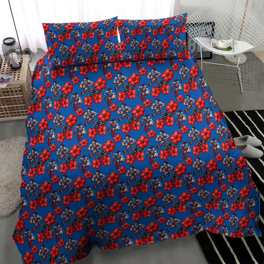 Newcastle Knights Bedding Set Tropical Hibiscus Floral Seamless Rugby Mascot