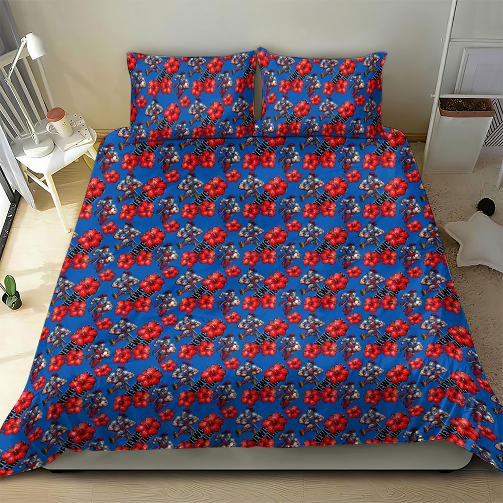 Newcastle Knights Bedding Set Tropical Hibiscus Floral Seamless Rugby Mascot