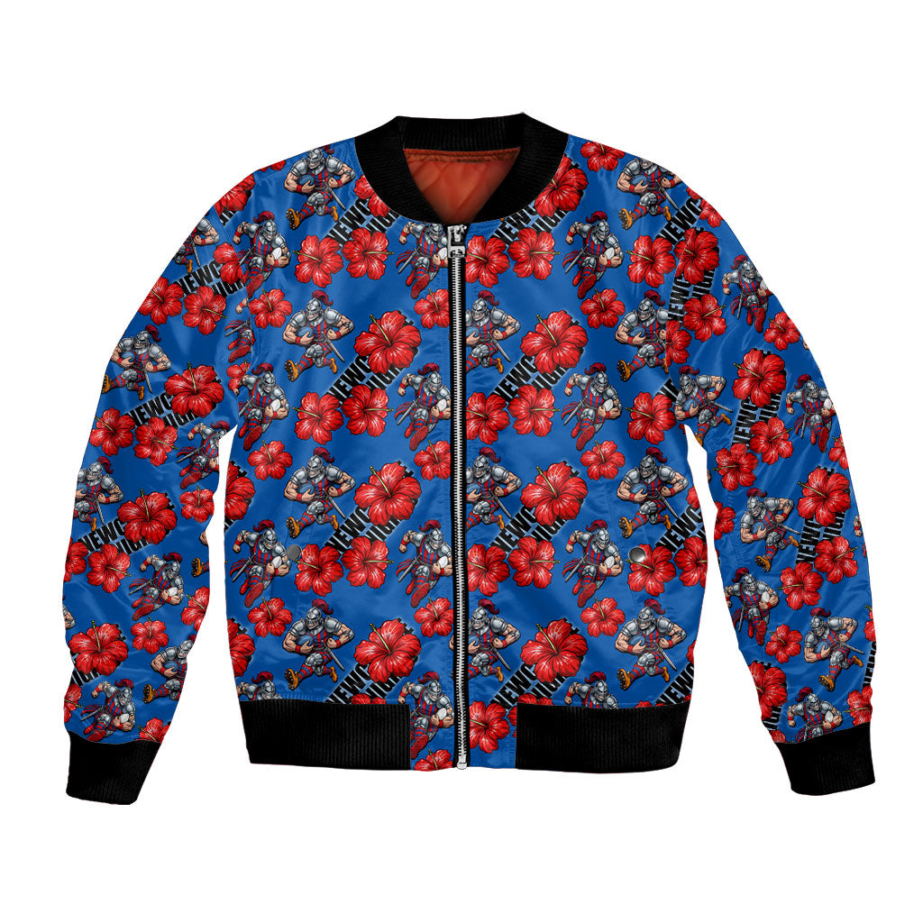 Newcastle Knights Bomber Jacket Tropical Hibiscus Floral Seamless Rugby Mascot