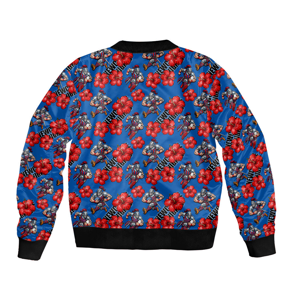 Newcastle Knights Bomber Jacket Tropical Hibiscus Floral Seamless Rugby Mascot