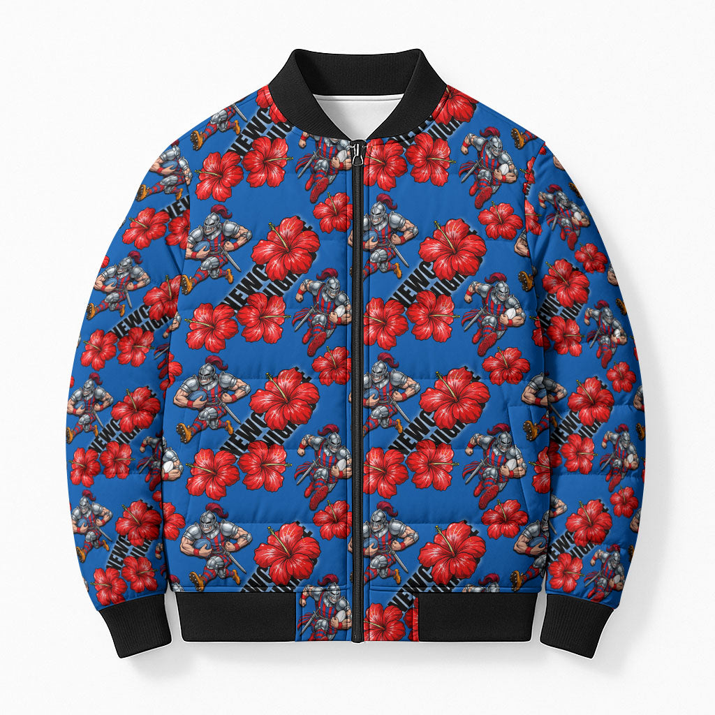 Newcastle Knights Bomber Puffer Jacket Tropical Hibiscus Floral Seamless Rugby Mascot