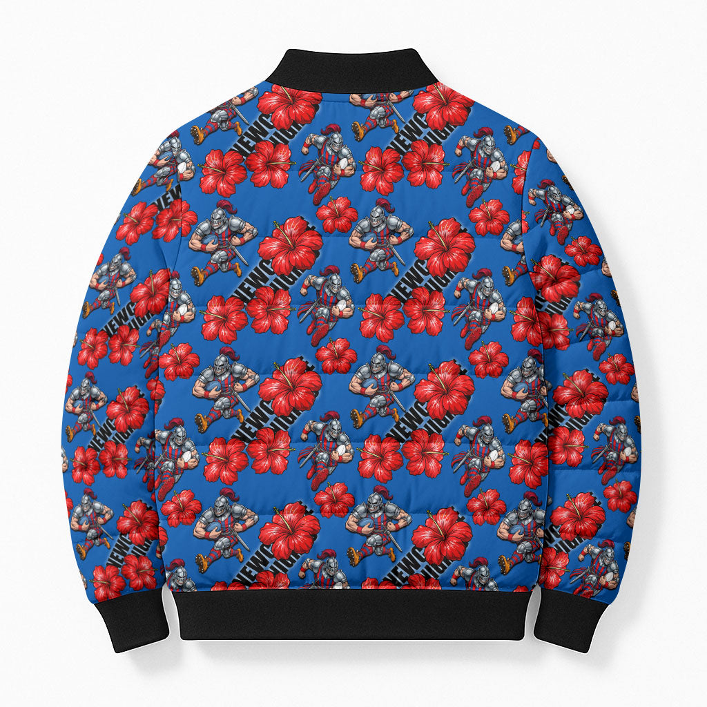 Newcastle Knights Bomber Puffer Jacket Tropical Hibiscus Floral Seamless Rugby Mascot