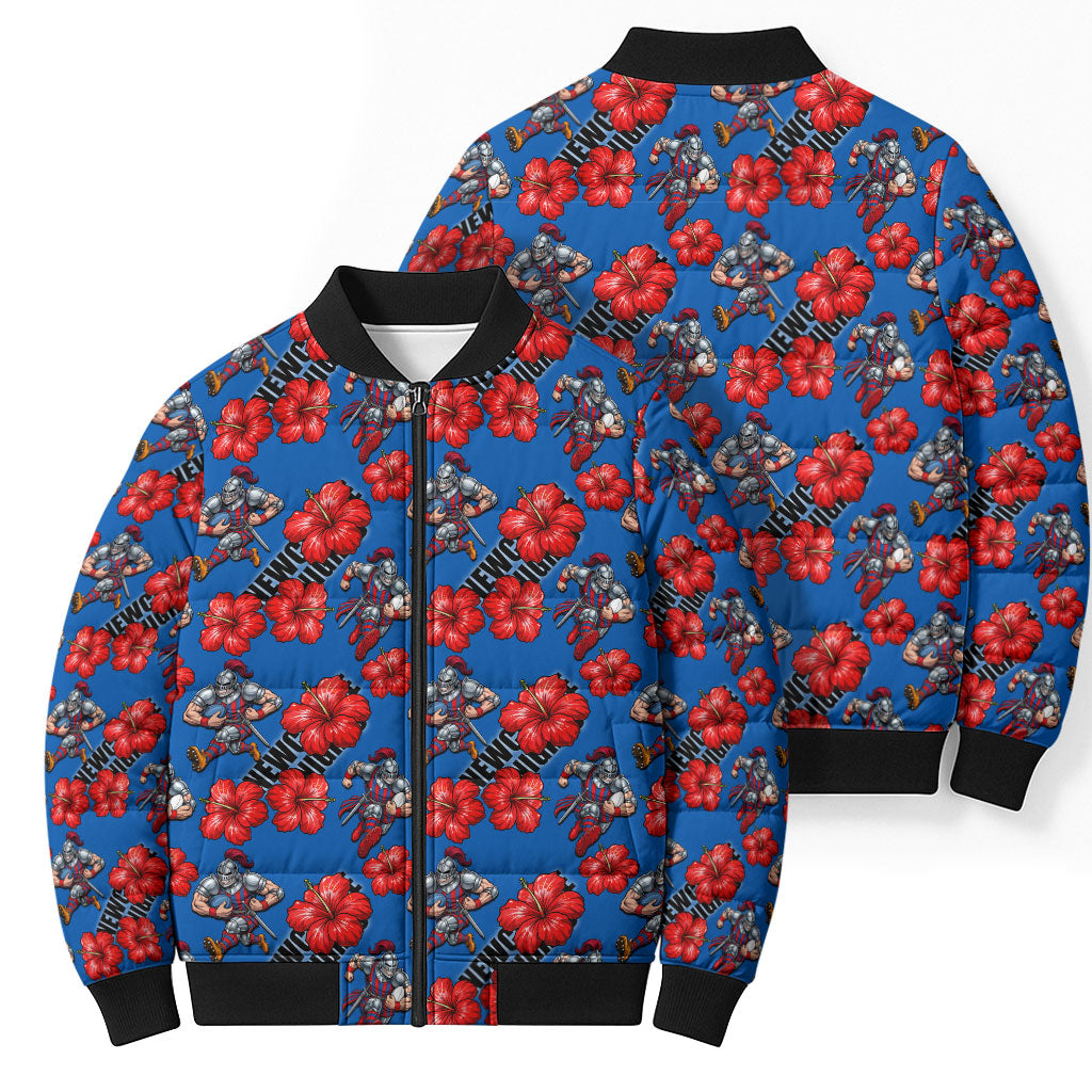 Newcastle Knights Bomber Puffer Jacket Tropical Hibiscus Floral Seamless Rugby Mascot