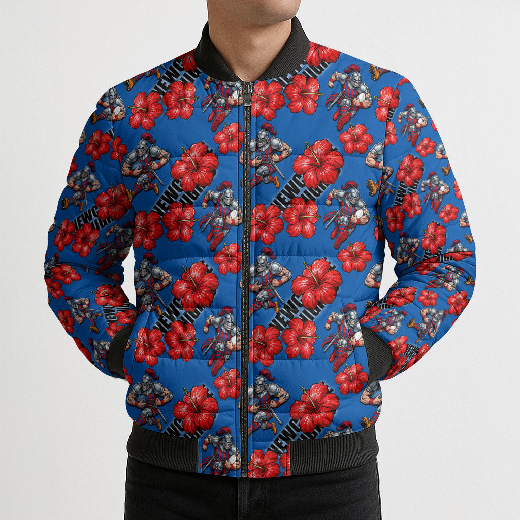 Newcastle Knights Bomber Puffer Jacket Tropical Hibiscus Floral Seamless Rugby Mascot