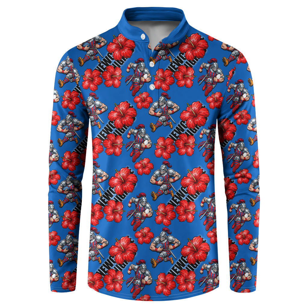 Newcastle Knights Button Sweatshirt Tropical Hibiscus Floral Seamless Rugby Mascot