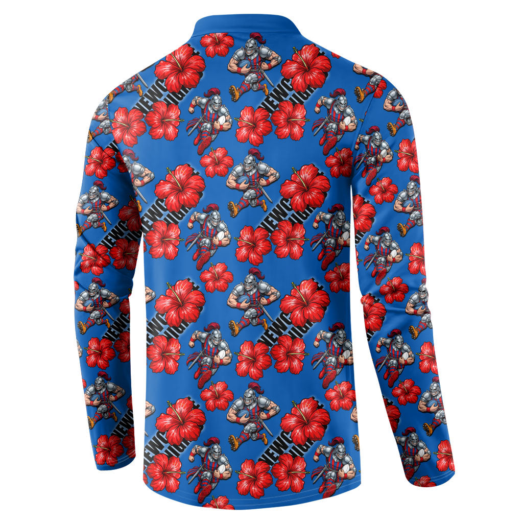 Newcastle Knights Button Sweatshirt Tropical Hibiscus Floral Seamless Rugby Mascot