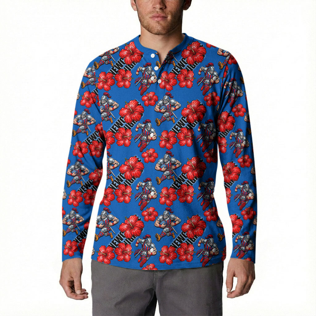 Newcastle Knights Button Sweatshirt Tropical Hibiscus Floral Seamless Rugby Mascot