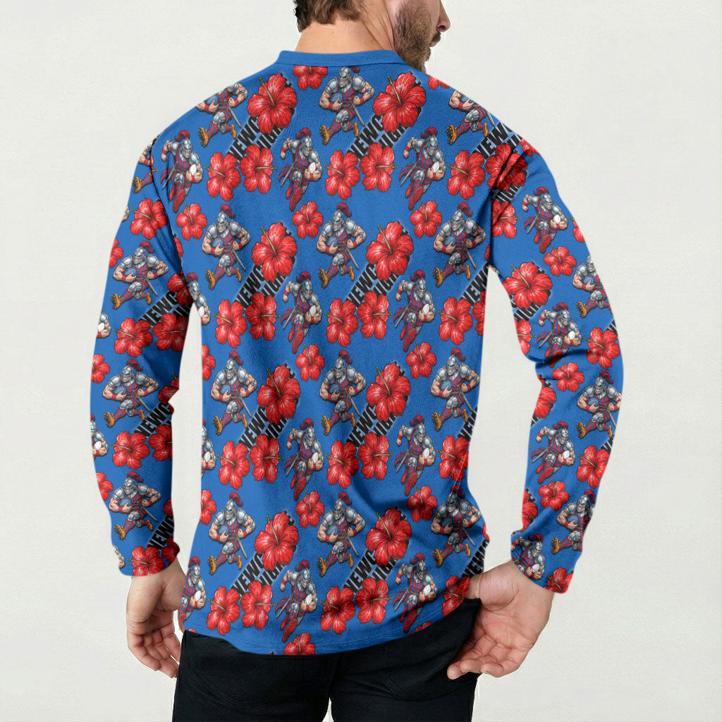 Newcastle Knights Button Sweatshirt Tropical Hibiscus Floral Seamless Rugby Mascot