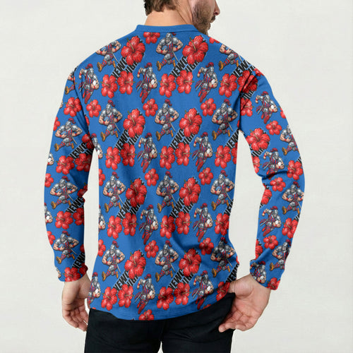 Newcastle Knights Button Sweatshirt Tropical Hibiscus Floral Seamless Rugby Mascot