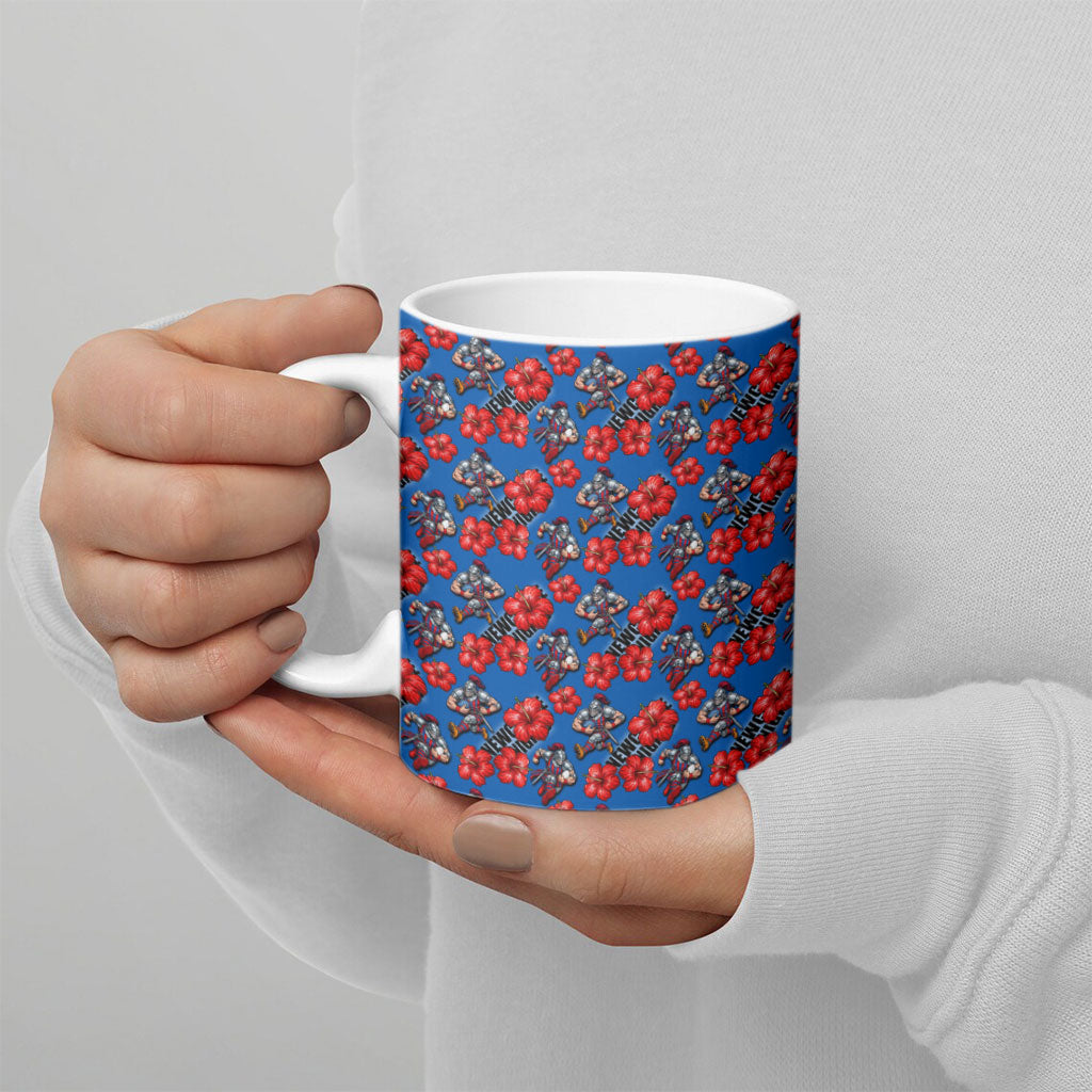 Newcastle Knights Ceramic Mug Tropical Hibiscus Floral Seamless Rugby Mascot