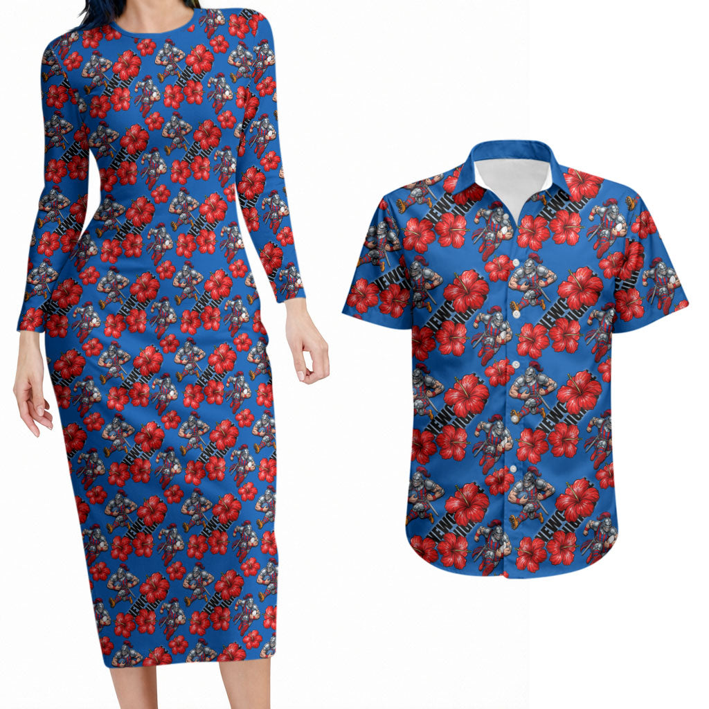 Newcastle Knights Couples Matching Long Sleeve Bodycon Dress and Hawaiian Shirt Tropical Hibiscus Floral Seamless Rugby Mascot