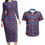 Newcastle Knights Couples Matching Long Sleeve Bodycon Dress and Hawaiian Shirt Tropical Hibiscus Floral Seamless Rugby Mascot