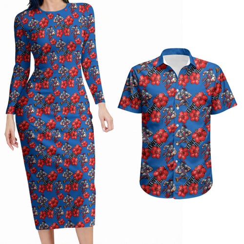 Newcastle Knights Couples Matching Long Sleeve Bodycon Dress and Hawaiian Shirt Tropical Hibiscus Floral Seamless Rugby Mascot