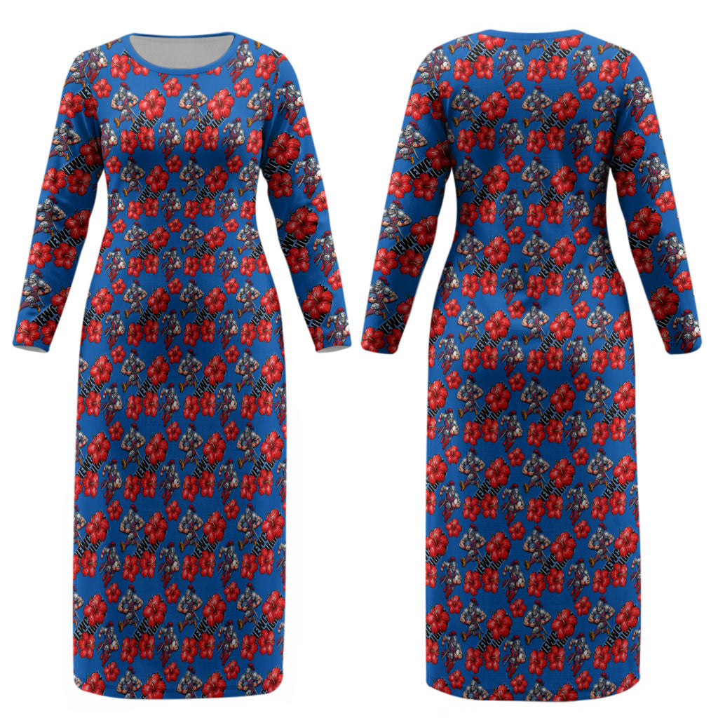 Newcastle Knights Couples Matching Long Sleeve Bodycon Dress and Hawaiian Shirt Tropical Hibiscus Floral Seamless Rugby Mascot
