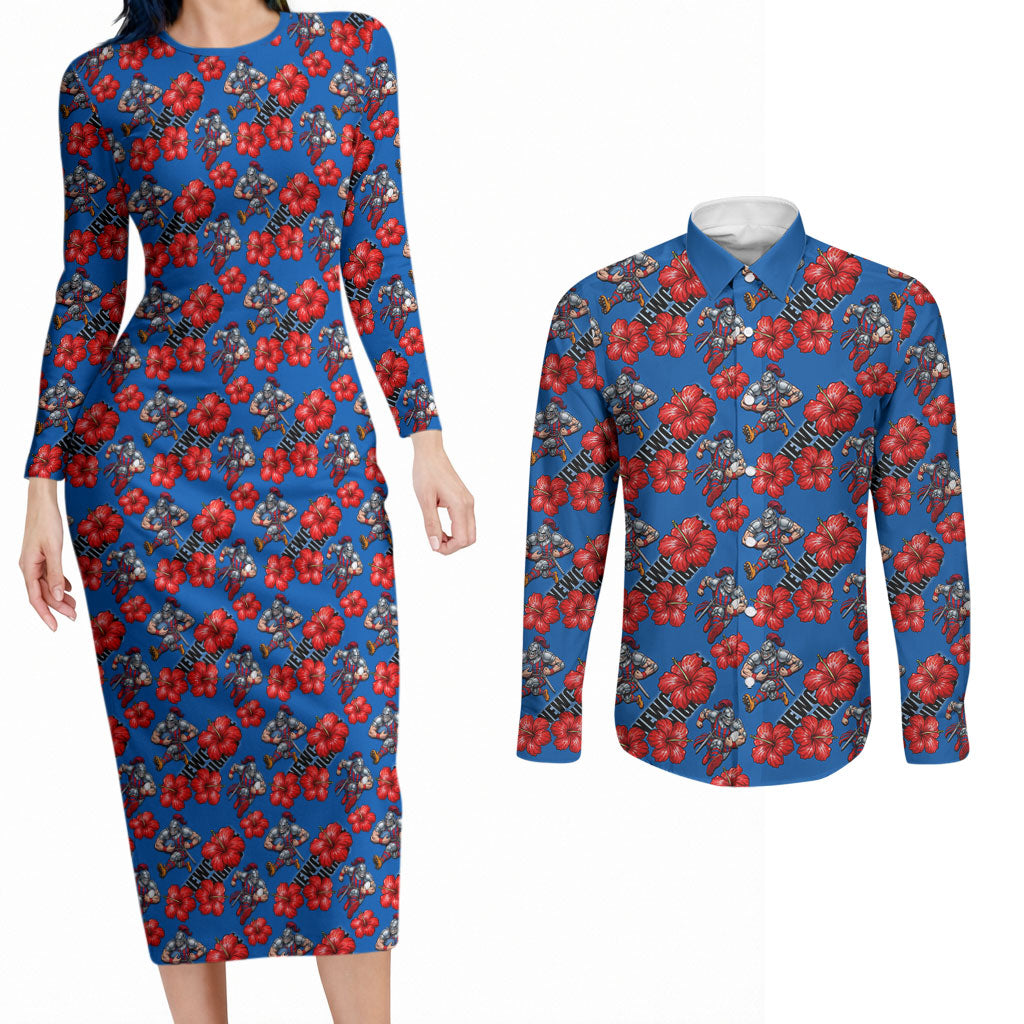 Newcastle Knights Couples Matching Long Sleeve Bodycon Dress and Long Sleeve Button Shirt Tropical Hibiscus Floral Seamless Rugby Mascot