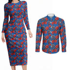 Newcastle Knights Couples Matching Long Sleeve Bodycon Dress and Long Sleeve Button Shirt Tropical Hibiscus Floral Seamless Rugby Mascot