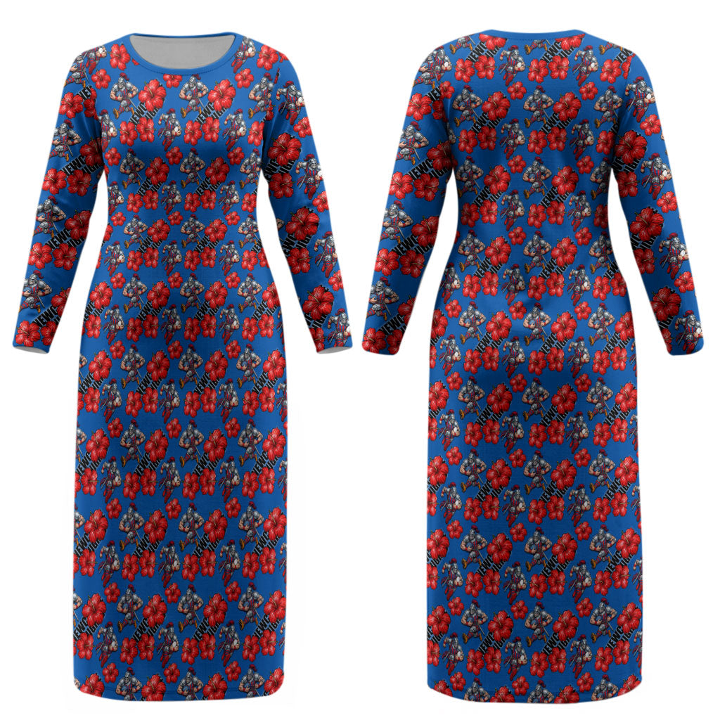 Newcastle Knights Couples Matching Long Sleeve Bodycon Dress and Long Sleeve Button Shirt Tropical Hibiscus Floral Seamless Rugby Mascot