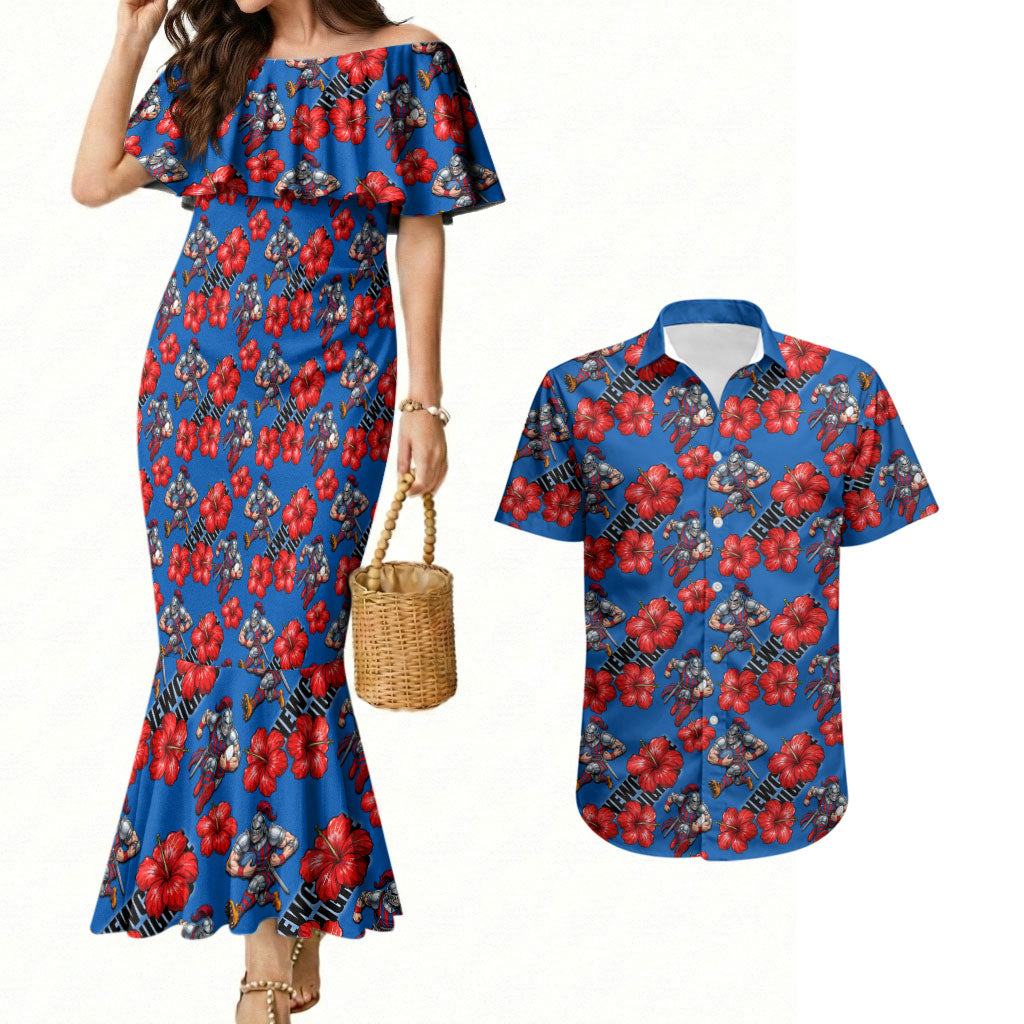 Newcastle Knights Couples Matching Mermaid Dress and Hawaiian Shirt Tropical Hibiscus Floral Seamless Rugby Mascot