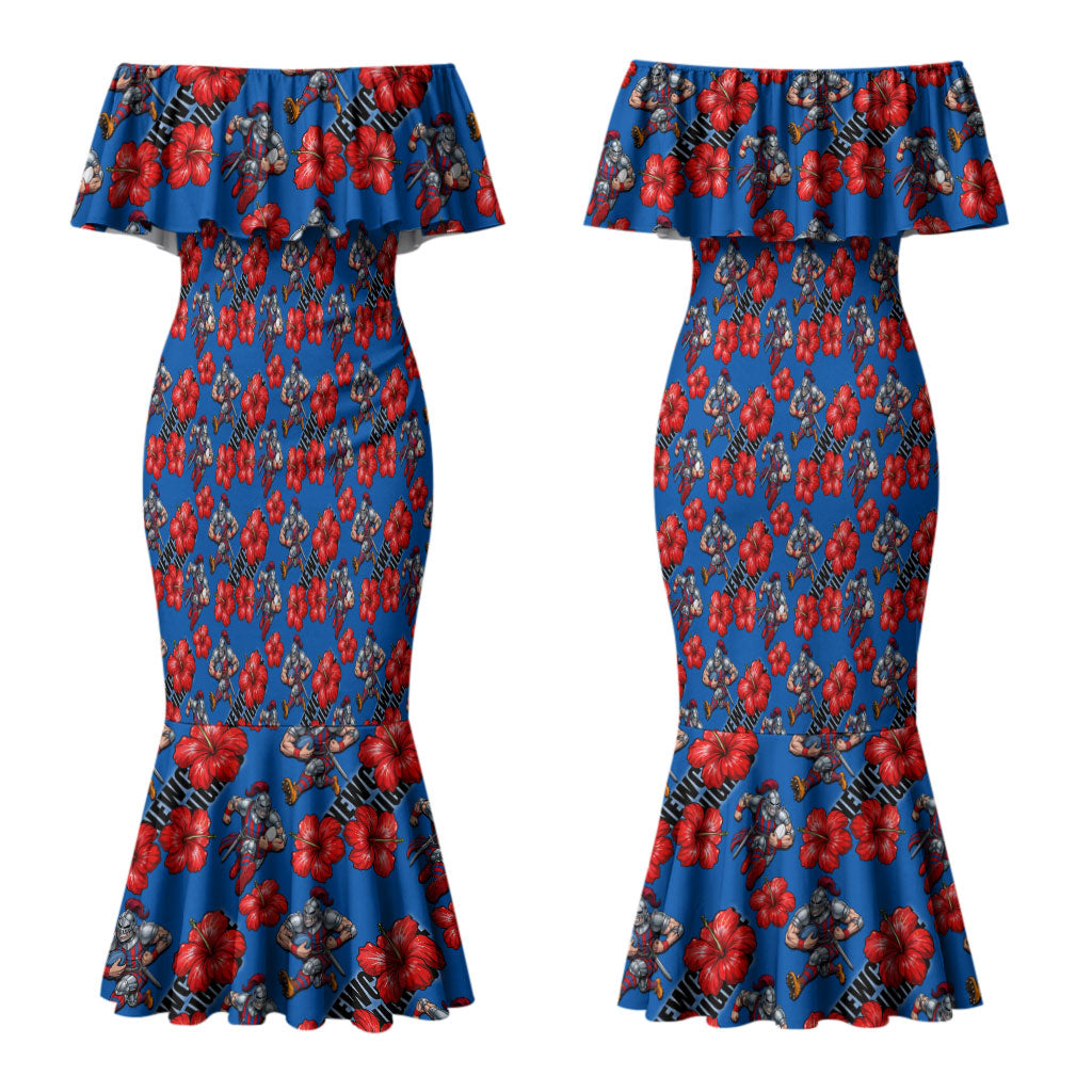 Newcastle Knights Couples Matching Mermaid Dress and Hawaiian Shirt Tropical Hibiscus Floral Seamless Rugby Mascot