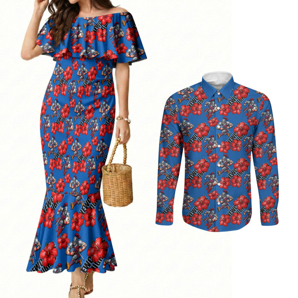 Newcastle Knights Couples Matching Mermaid Dress and Long Sleeve Button Shirt Tropical Hibiscus Floral Seamless Rugby Mascot