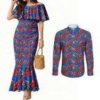 Newcastle Knights Couples Matching Mermaid Dress and Long Sleeve Button Shirt Tropical Hibiscus Floral Seamless Rugby Mascot