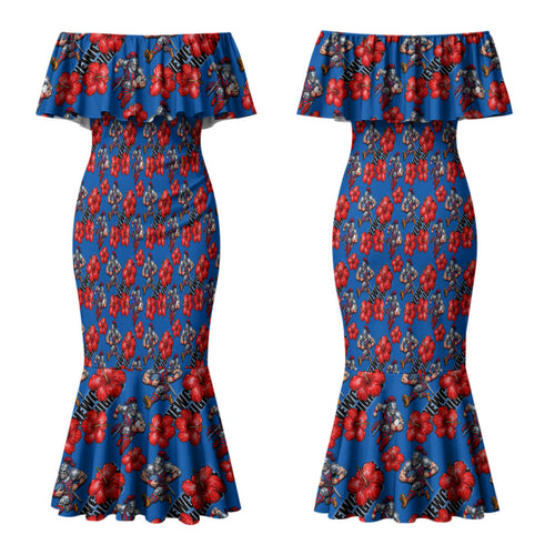Newcastle Knights Couples Matching Mermaid Dress and Long Sleeve Button Shirt Tropical Hibiscus Floral Seamless Rugby Mascot