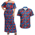 Newcastle Knights Couples Matching Off Shoulder Maxi Dress and Hawaiian Shirt Tropical Hibiscus Floral Seamless Rugby Mascot