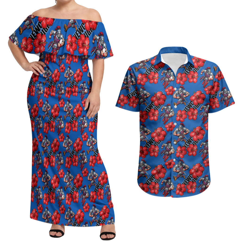 Newcastle Knights Couples Matching Off Shoulder Maxi Dress and Hawaiian Shirt Tropical Hibiscus Floral Seamless Rugby Mascot
