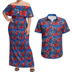 Newcastle Knights Couples Matching Off Shoulder Maxi Dress and Hawaiian Shirt Tropical Hibiscus Floral Seamless Rugby Mascot