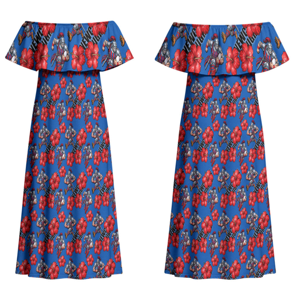 Newcastle Knights Couples Matching Off Shoulder Maxi Dress and Hawaiian Shirt Tropical Hibiscus Floral Seamless Rugby Mascot