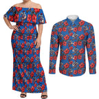 Newcastle Knights Couples Matching Off Shoulder Maxi Dress and Long Sleeve Button Shirt Tropical Hibiscus Floral Seamless Rugby Mascot