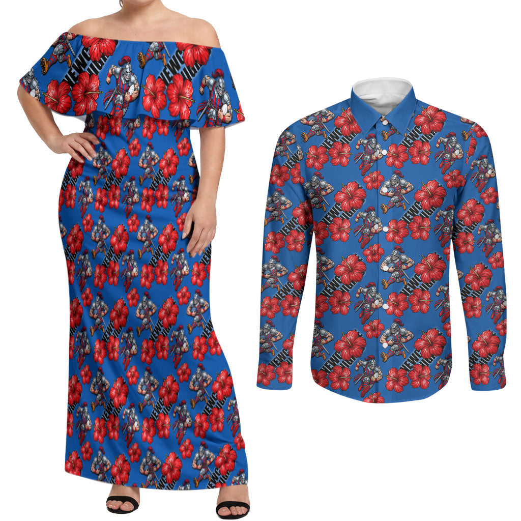 Newcastle Knights Couples Matching Off Shoulder Maxi Dress and Long Sleeve Button Shirt Tropical Hibiscus Floral Seamless Rugby Mascot