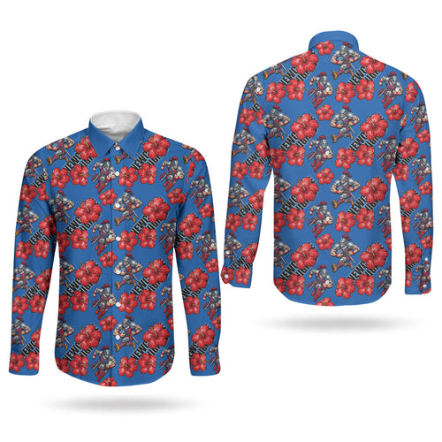 Newcastle Knights Couples Matching Off Shoulder Maxi Dress and Long Sleeve Button Shirt Tropical Hibiscus Floral Seamless Rugby Mascot