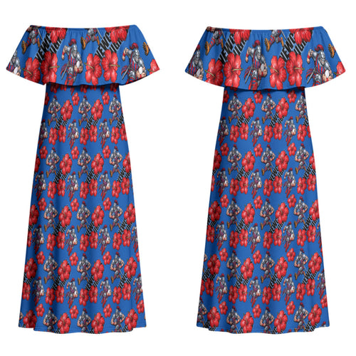 Newcastle Knights Couples Matching Off Shoulder Maxi Dress and Long Sleeve Button Shirt Tropical Hibiscus Floral Seamless Rugby Mascot