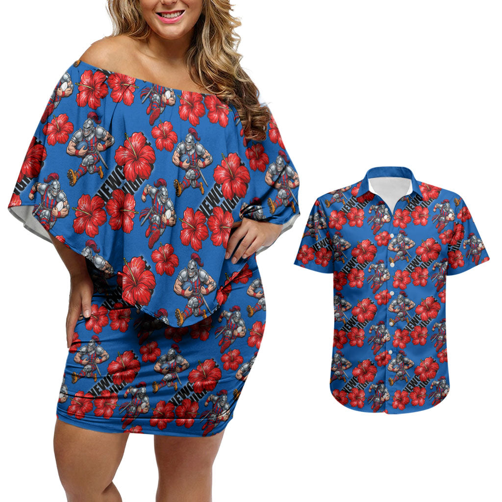 Newcastle Knights Couples Matching Off Shoulder Short Dress and Hawaiian Shirt Tropical Hibiscus Floral Seamless Rugby Mascot