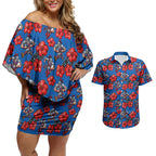 Newcastle Knights Couples Matching Off Shoulder Short Dress and Hawaiian Shirt Tropical Hibiscus Floral Seamless Rugby Mascot