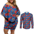 Newcastle Knights Couples Matching Off Shoulder Short Dress and Long Sleeve Button Shirt Tropical Hibiscus Floral Seamless Rugby Mascot