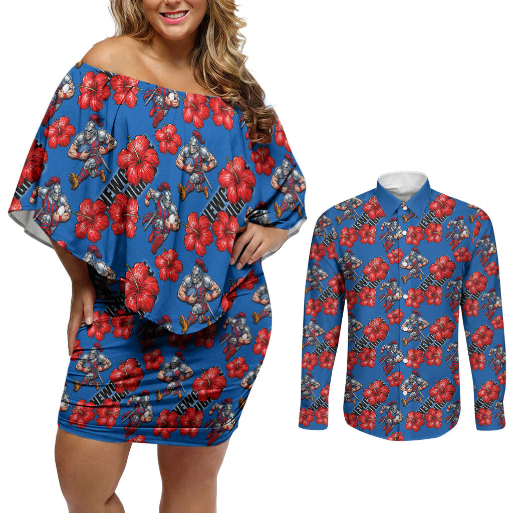Newcastle Knights Couples Matching Off Shoulder Short Dress and Long Sleeve Button Shirt Tropical Hibiscus Floral Seamless Rugby Mascot