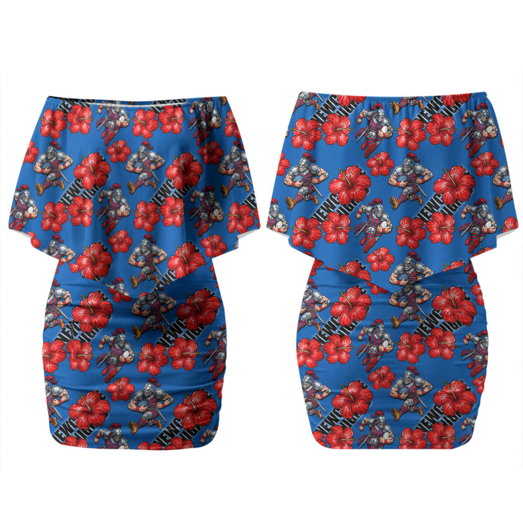 Newcastle Knights Couples Matching Off Shoulder Short Dress and Long Sleeve Button Shirt Tropical Hibiscus Floral Seamless Rugby Mascot