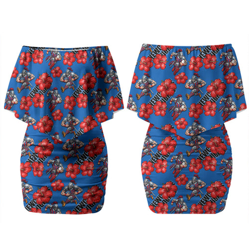 Newcastle Knights Couples Matching Off Shoulder Short Dress and Long Sleeve Button Shirt Tropical Hibiscus Floral Seamless Rugby Mascot