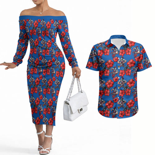 Newcastle Knights Couples Matching Off The Shoulder Long Sleeve Dress and Hawaiian Shirt Tropical Hibiscus Floral Seamless Rugby Mascot