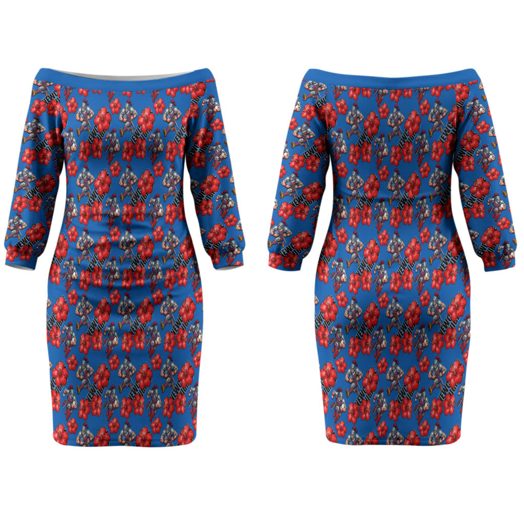 Newcastle Knights Couples Matching Off The Shoulder Long Sleeve Dress and Hawaiian Shirt Tropical Hibiscus Floral Seamless Rugby Mascot