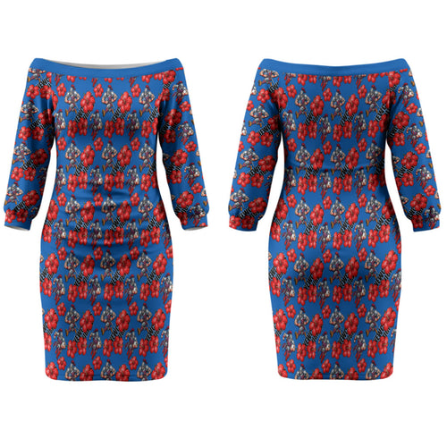 Newcastle Knights Couples Matching Off The Shoulder Long Sleeve Dress and Hawaiian Shirt Tropical Hibiscus Floral Seamless Rugby Mascot
