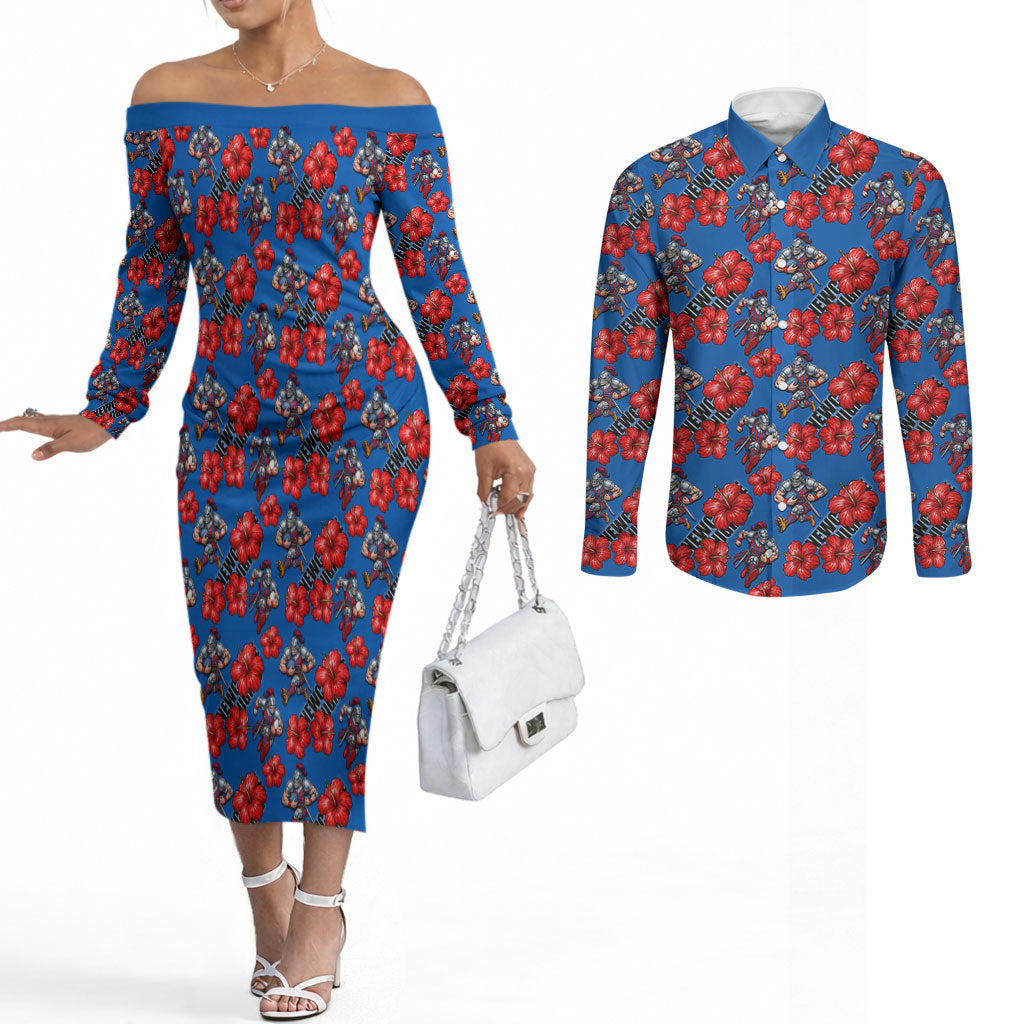 Newcastle Knights Couples Matching Off The Shoulder Long Sleeve Dress and Long Sleeve Button Shirt Tropical Hibiscus Floral Seamless Rugby Mascot