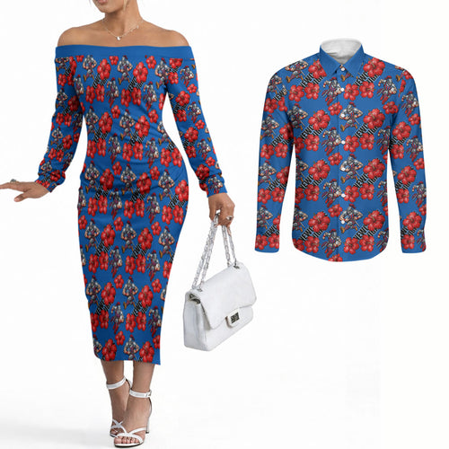 Newcastle Knights Couples Matching Off The Shoulder Long Sleeve Dress and Long Sleeve Button Shirt Tropical Hibiscus Floral Seamless Rugby Mascot